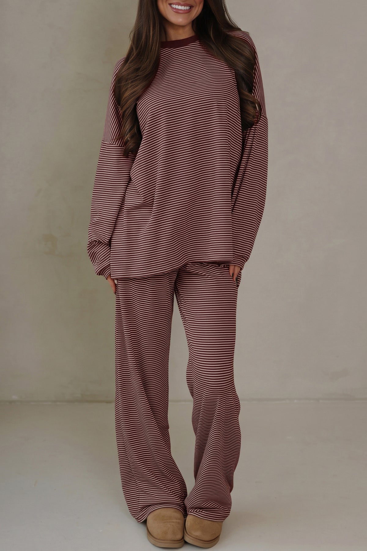 Stacey B's Beige Stripe Contrast Trim Round Neck Oversize Long Sleeve Top 2pcs Pant Set