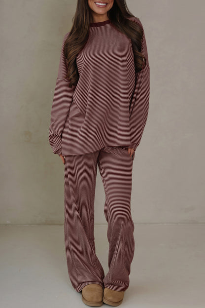 Stacey B's Beige Stripe Contrast Trim Round Neck Oversize Long Sleeve Top 2pcs Pant Set