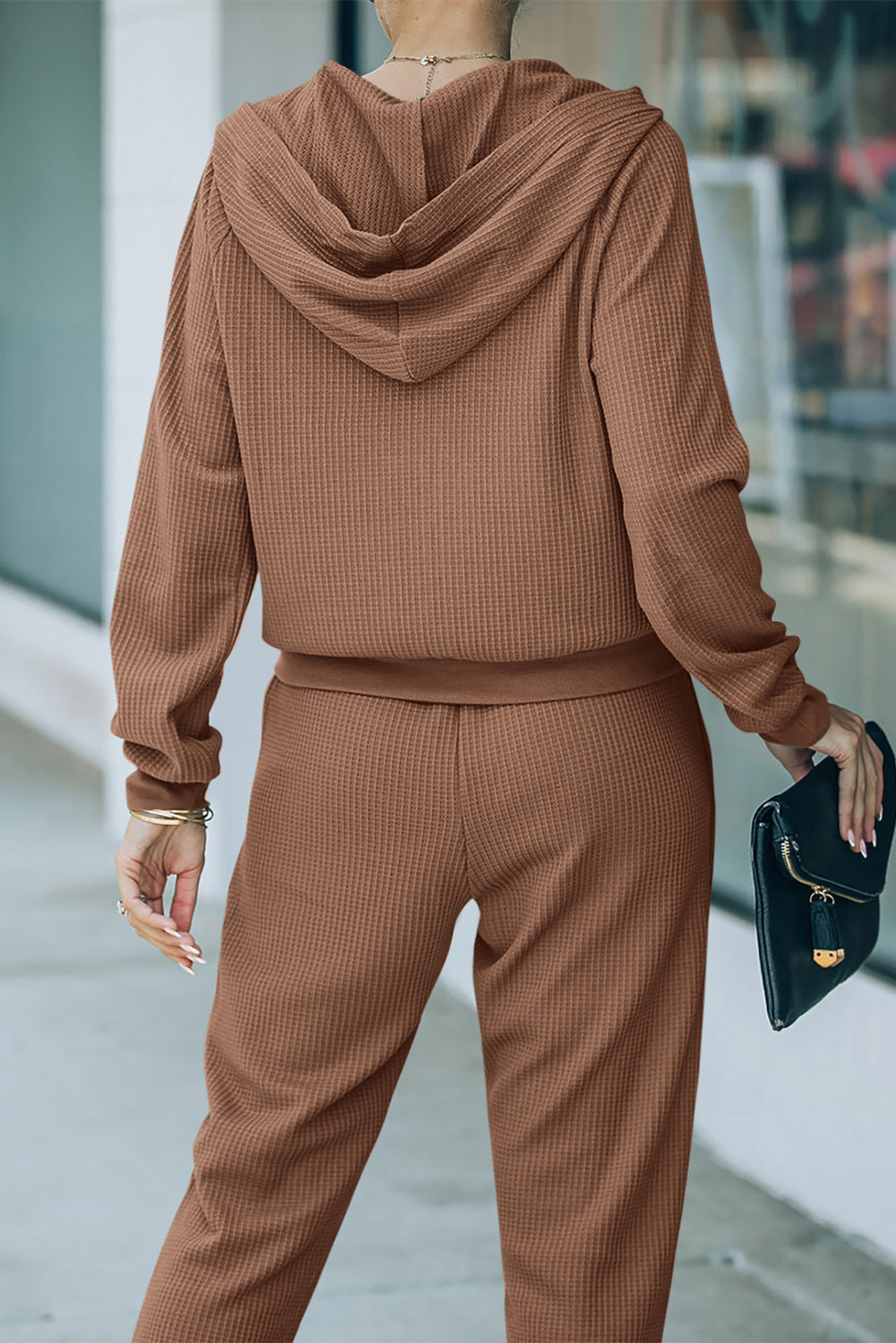 Stacey B's Brown Waffle Knit Zip-Up Hoodie and Pants Athleisure Outfit