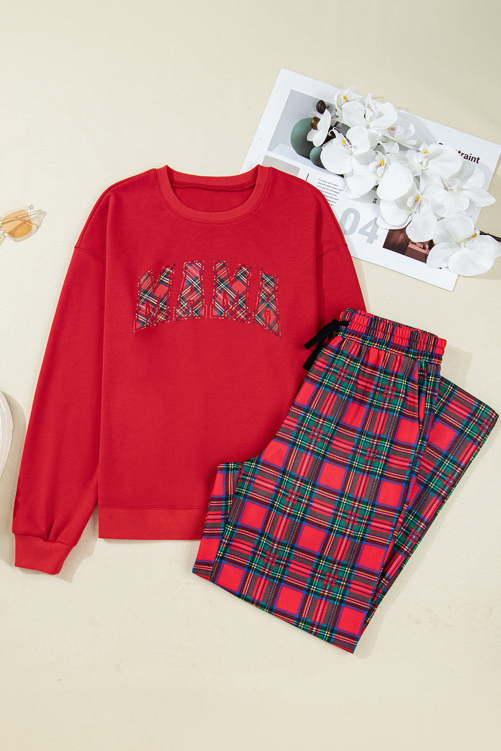 Stacey B's Red Plaid MAMA Graphic Christmas Holiday Crewneck Pullover and Pants Lounge Set