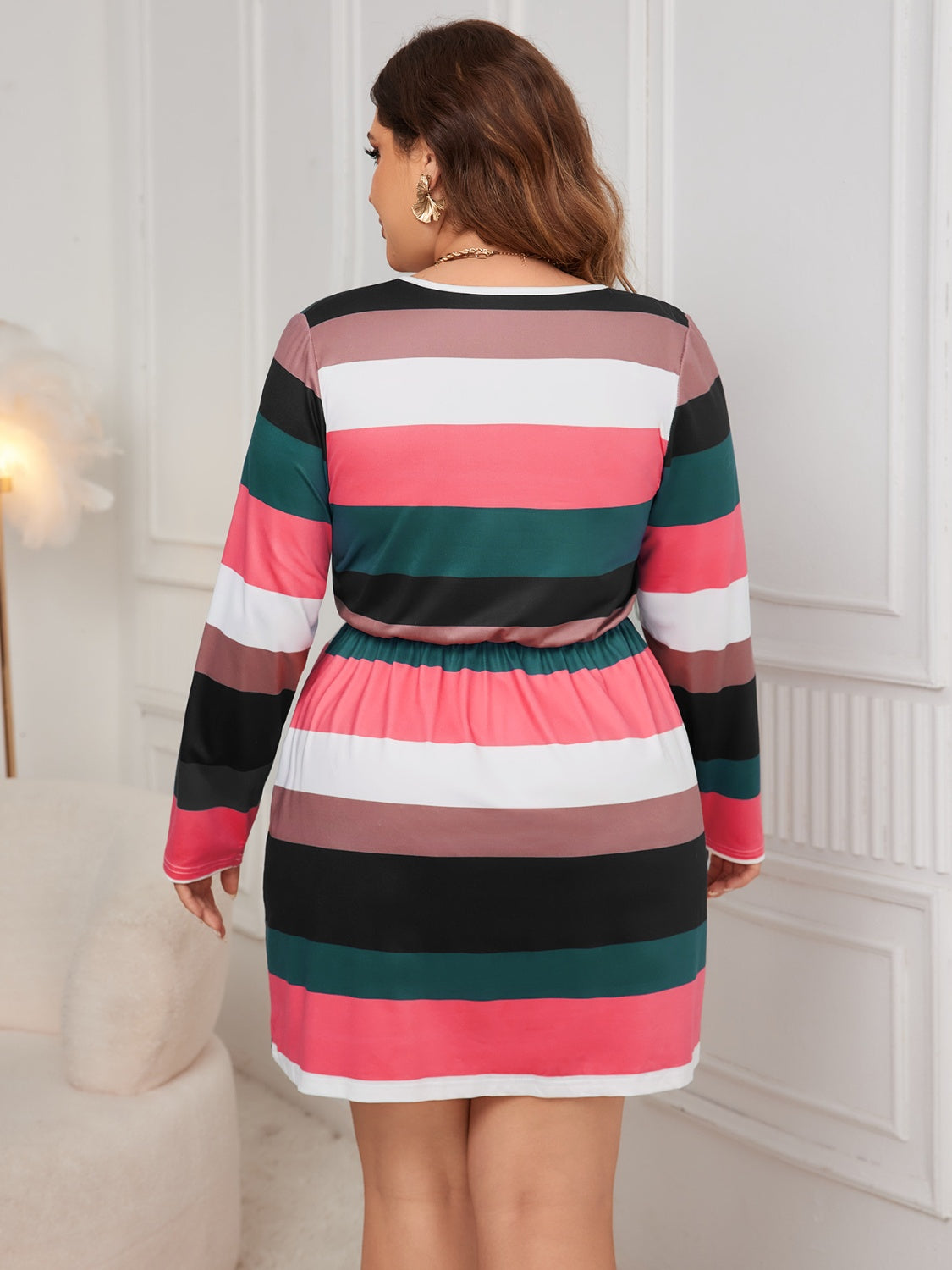 Stacey B's Plus Size Striped V-Neck Long Sleeve Mini Dress