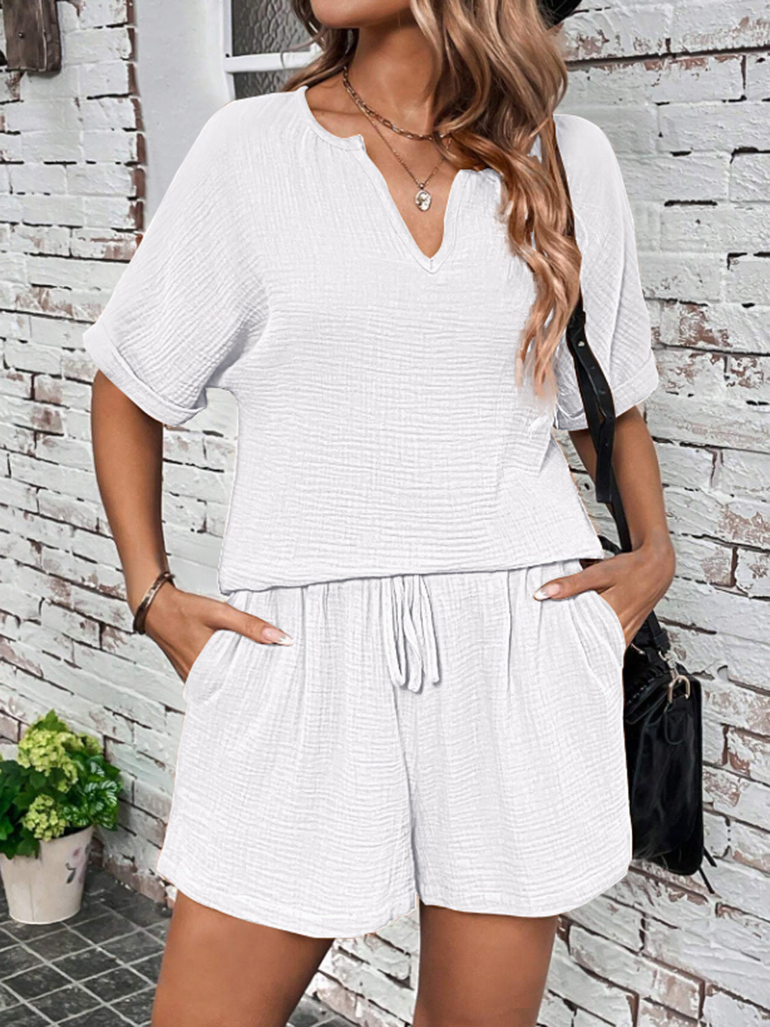 Stacey B's Notched Half Sleeve Top and Shorts Set