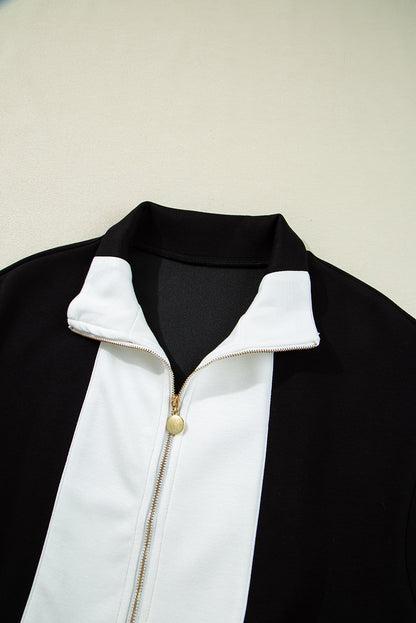 Stacey  B's Black Contrast Collar Patchwork Zip Front Romper