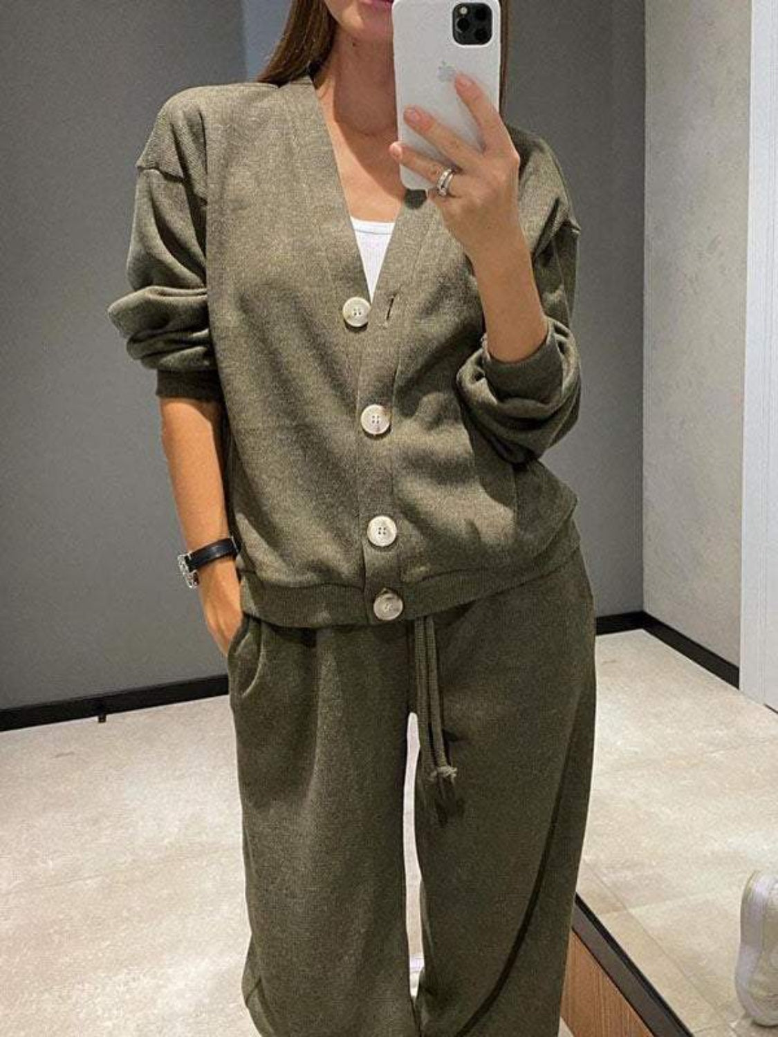 Stacey B's Full Size Button Up Long Sleeve Top and Pants Set
