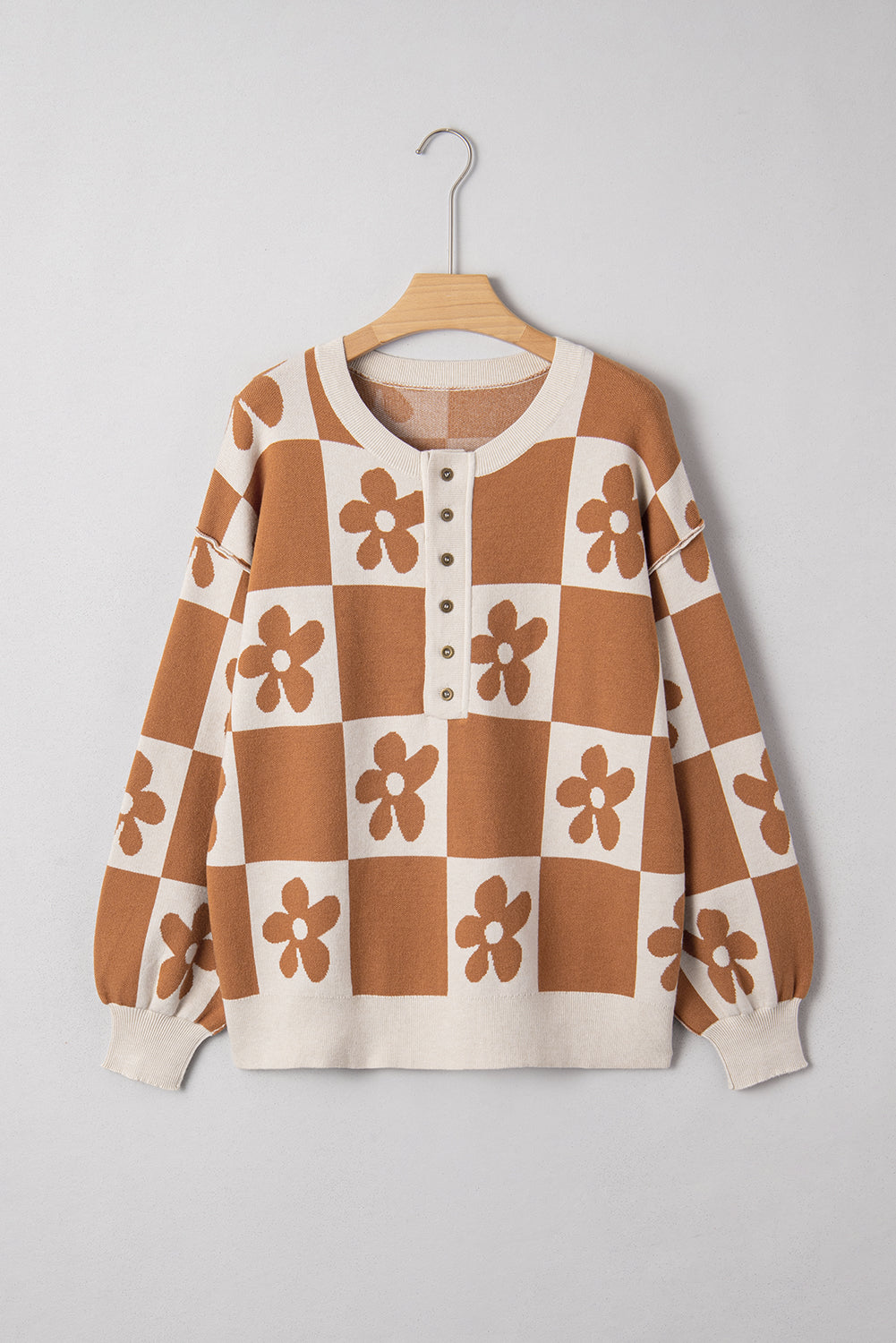 Stacey B's Black Flower Colorblock Checkered Henley Sweater