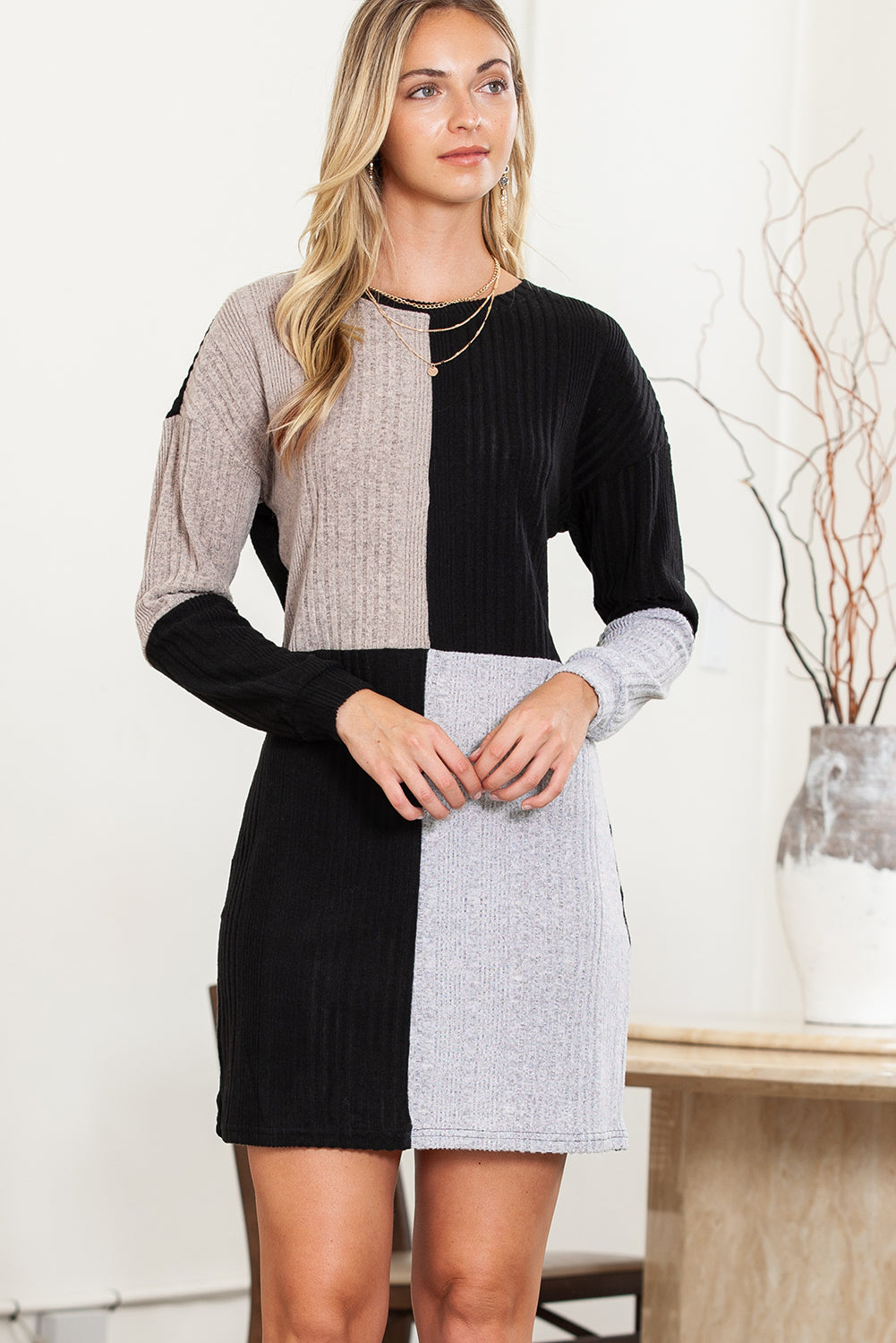 Stacey B's  Ribbed Color Block Drop Shoulder Long Sleeve Mini Dress