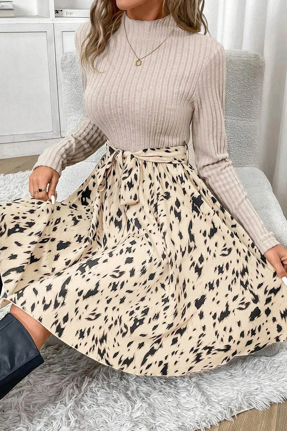 Stacey B's Tied Printed Mock Neck Long Sleeve Dress