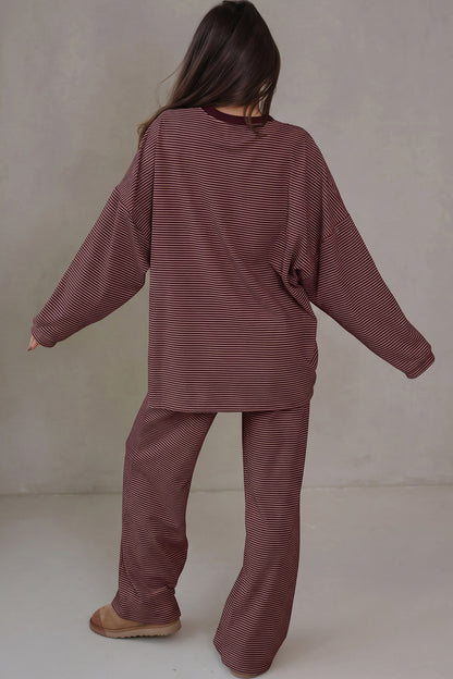 Stacey B's Beige Stripe Contrast Trim Round Neck Oversize Long Sleeve Top 2pcs Pant Set
