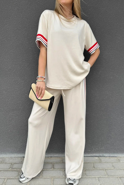 Stacey B's Jet Stream Contrast Striped Trim Crewneck T Shirt Loose Straight Pants Set