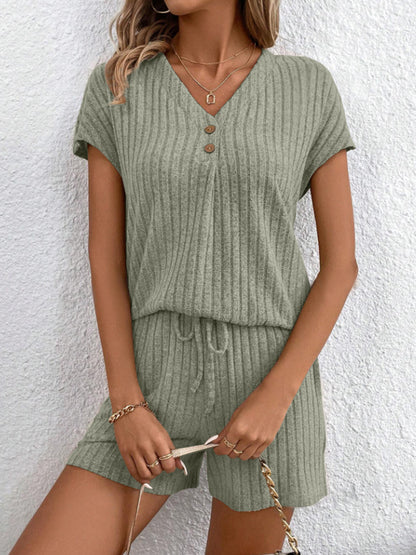 Stacey B's Ribbed V-Neck Top and Shorts Set
