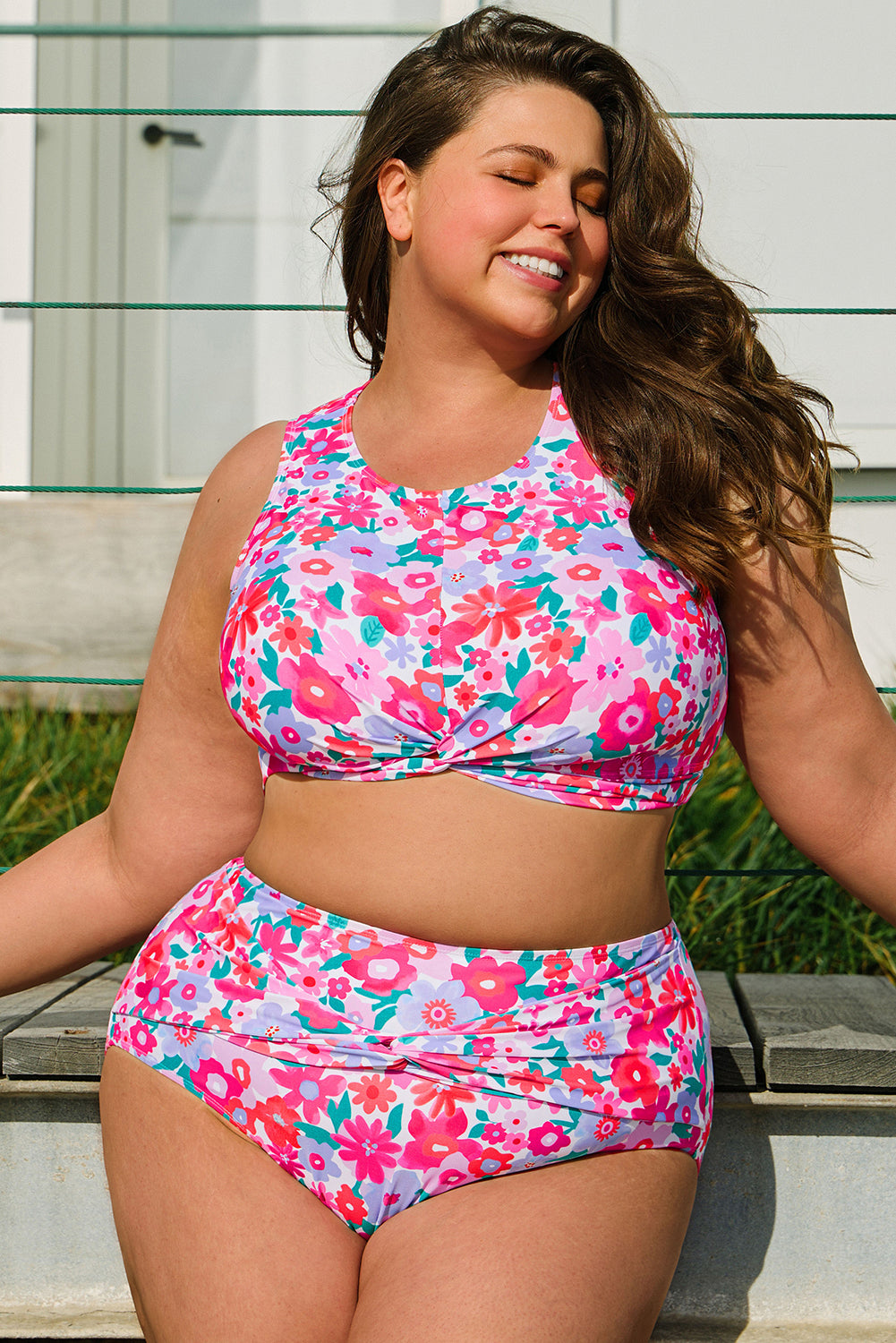 Stacey B's  Rose Plus Size Floral Print Twisted High Waist Bikini Set