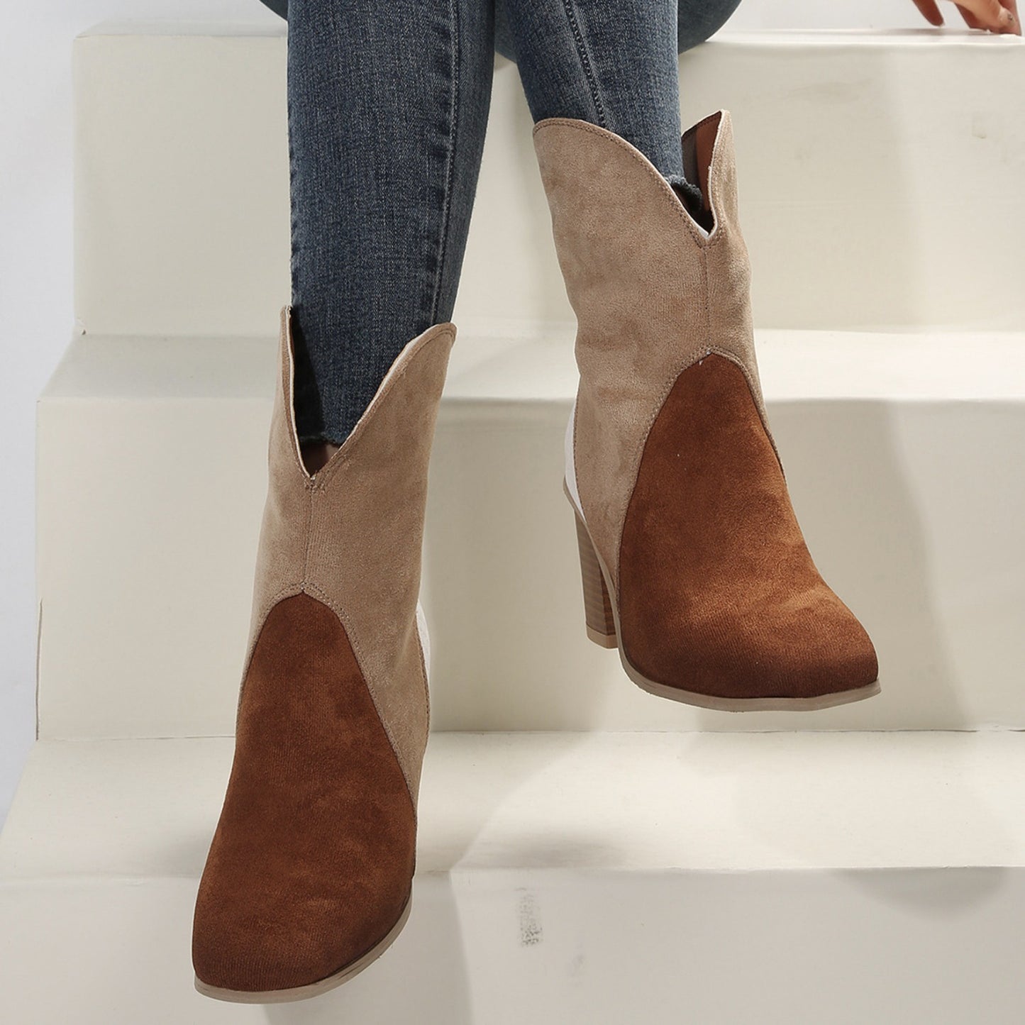 Stacey B's Suede Square Toe Block Heel Boots