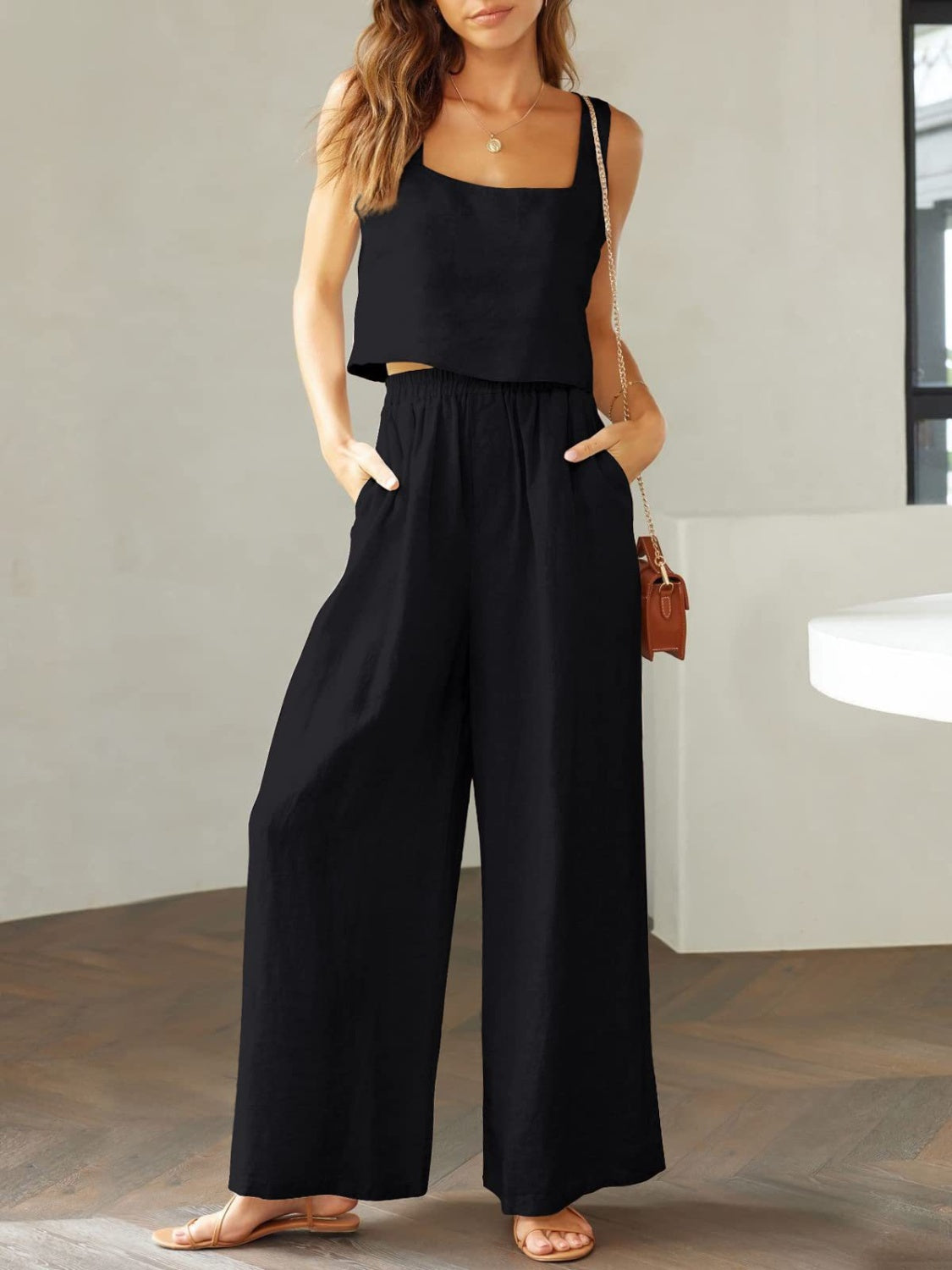 Stacey B's Square Neck Top and Wide Leg Pants Set