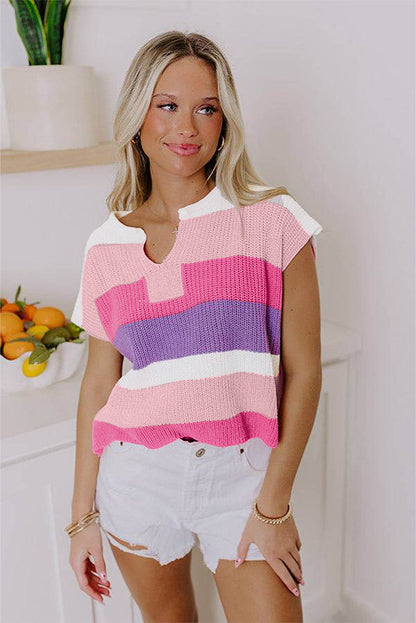 Stacey B's Pink Color Block Notch V Neck Sweater T Shirt