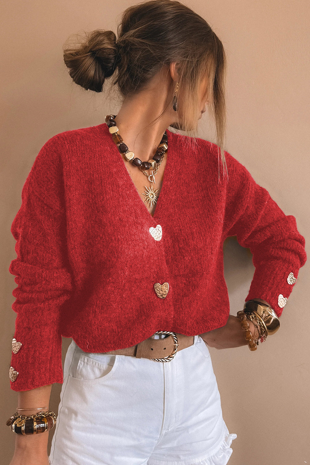 Stacey B's Fiery Red Heart Metal Button V Neck Cardigan Sweater
