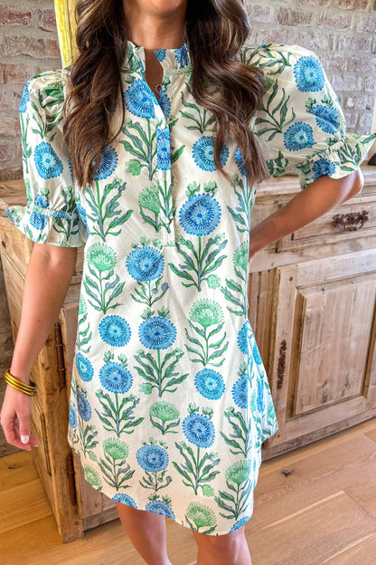 Stacey B's Sky Blue Floral Print Half Button Frilly Short Sleeve Dress