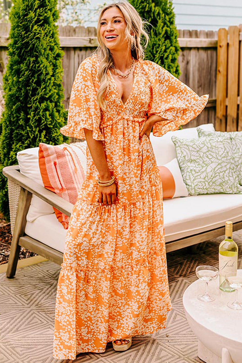 Stacey B's Orange Floral Print Smocked V Neck Wide Sleeve Maxi Dress