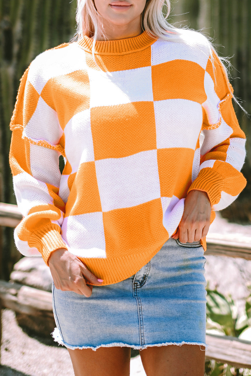 Stacey B's Orange Checkered Bishop Sleeve Sweater