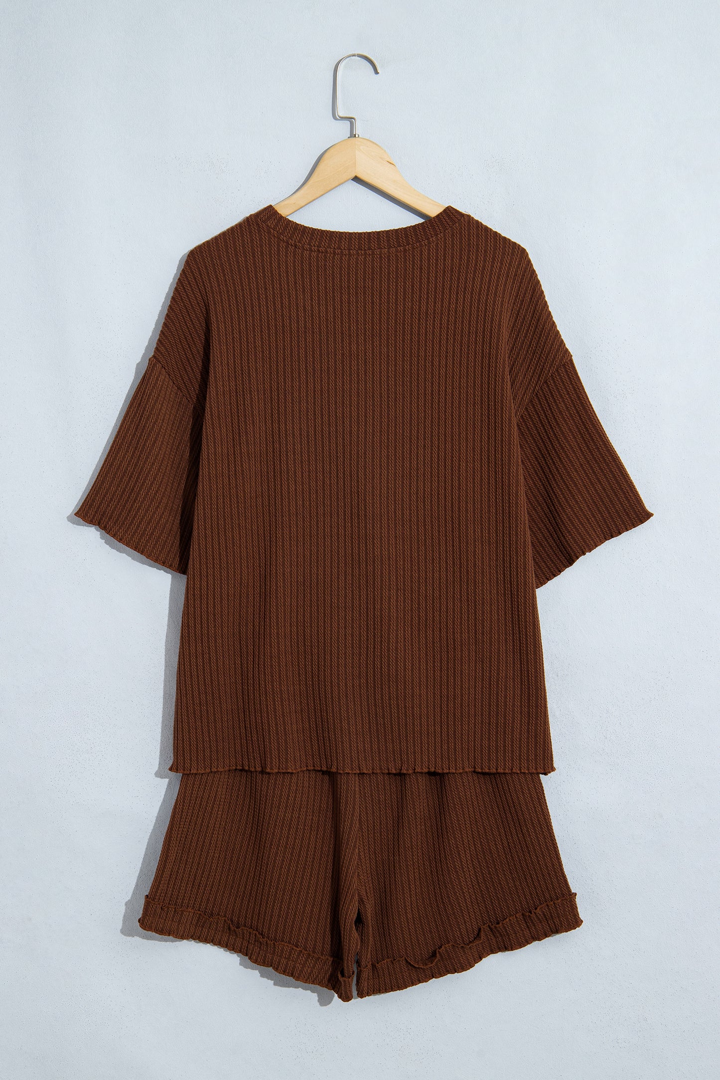 Stacey B's Dark Brown Textured Ribbed Knit Lettuce Trim 2pcs Lounge Set