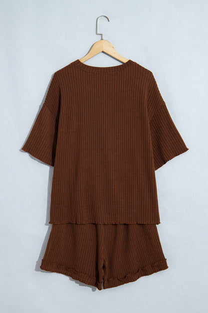 Stacey B's Dark Brown Textured Ribbed Knit Lettuce Trim 2pcs Lounge Set