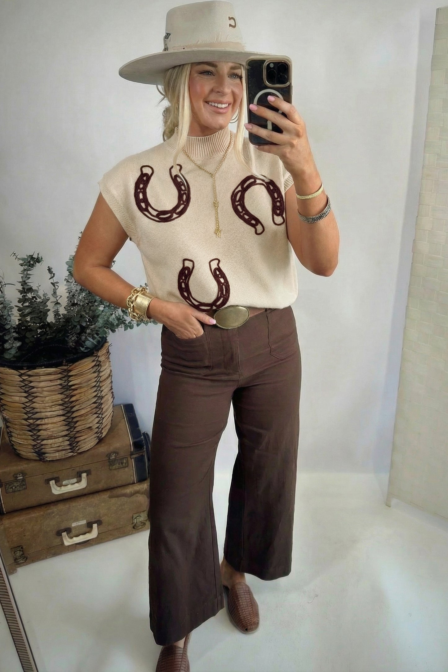 Stacey B's Parchment Corded Horseshoes Ribbed Trim Mock Neck Short Sleeve Sweater