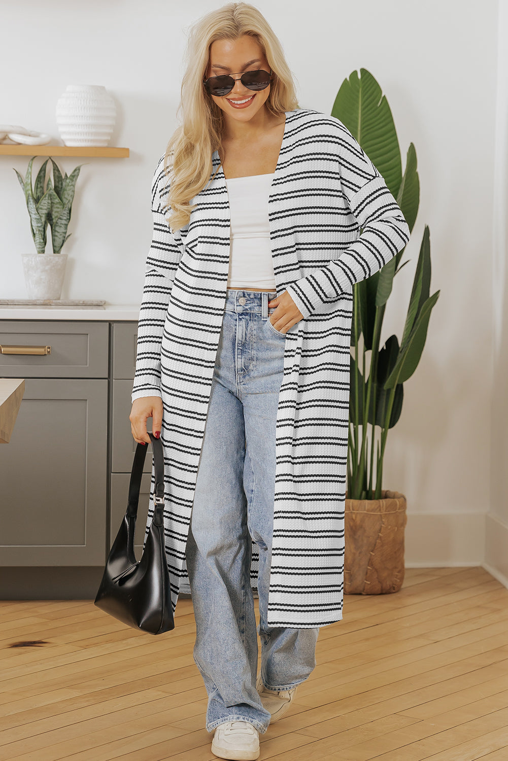 Stacey B's Black Stripe Print Open Front Duster Cardigan