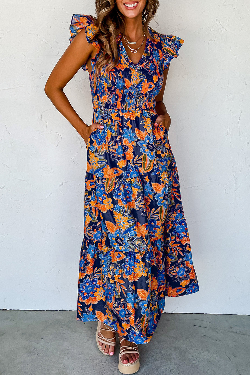 Stacey B's Dark Blue Boho Floral V Neck Ruffle Tiered Long Dress