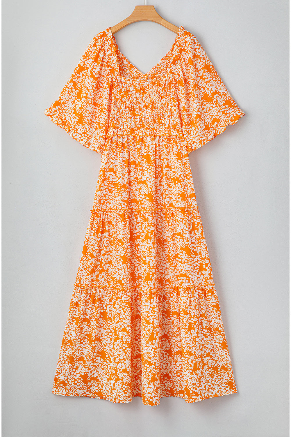 Stacey B's Orange Floral Print Smocked V Neck Wide Sleeve Maxi Dress