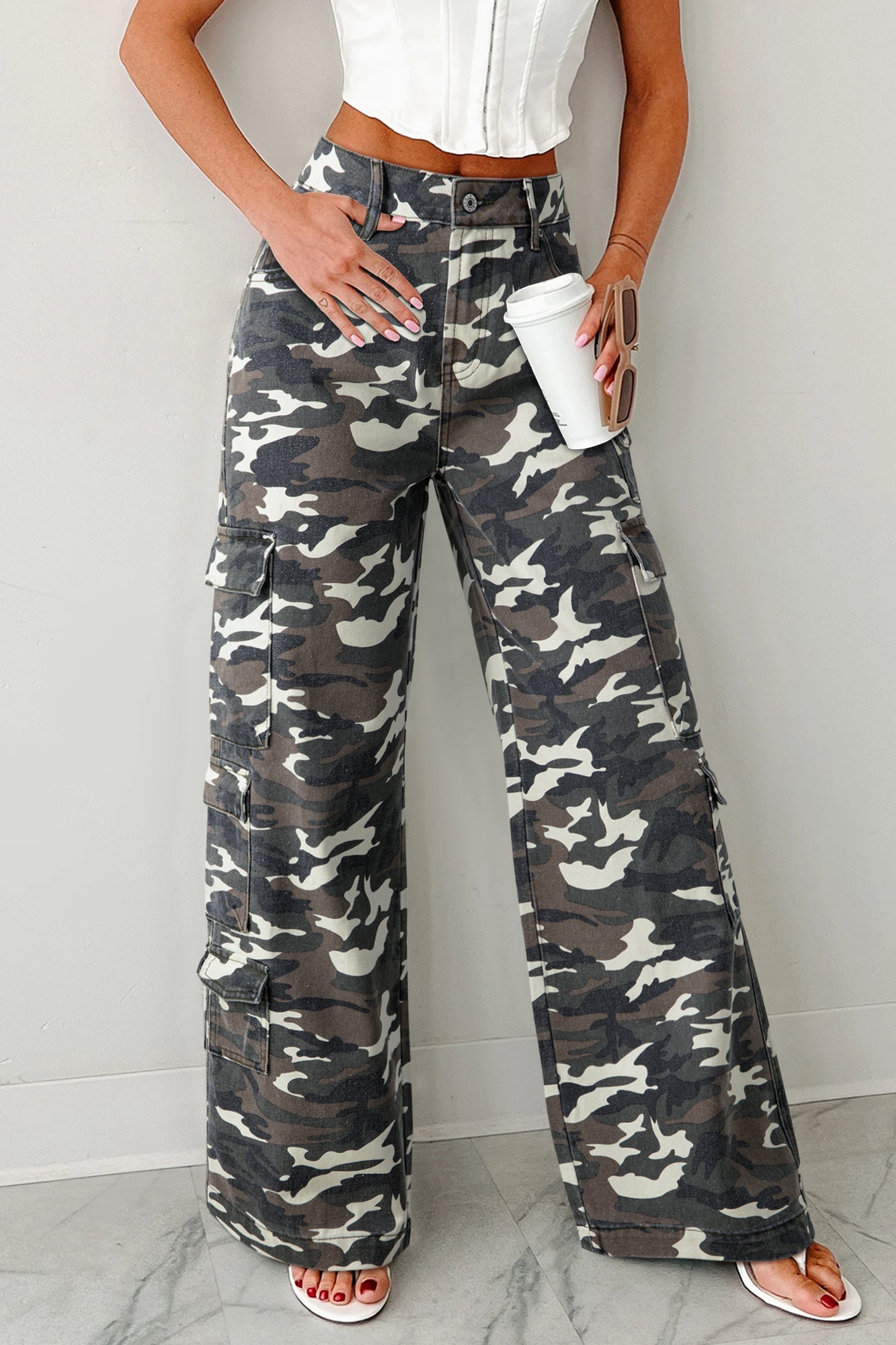 Stacey B's Green Camo Denim Cargo Wide Leg Pants