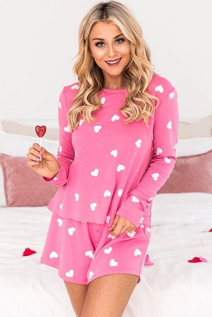 Stacey B's Pink Valentine Heart Print Long Sleeve Top and Shorts Pajama Set