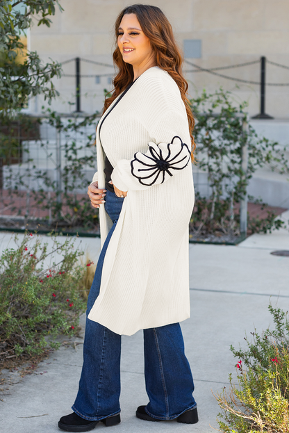 Stacey B's Beige Flower Embroidered Drop Shoulder Open Front Duster Cardigan