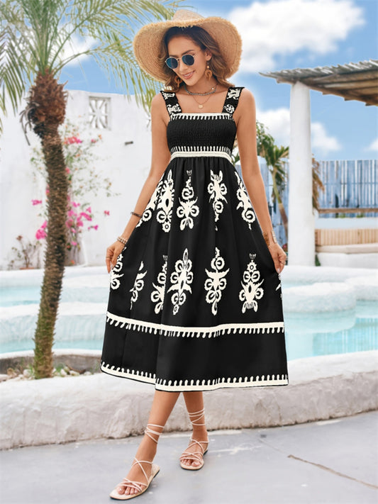 Stacey B's Printed Square Neck Wide Strap Midi Dress