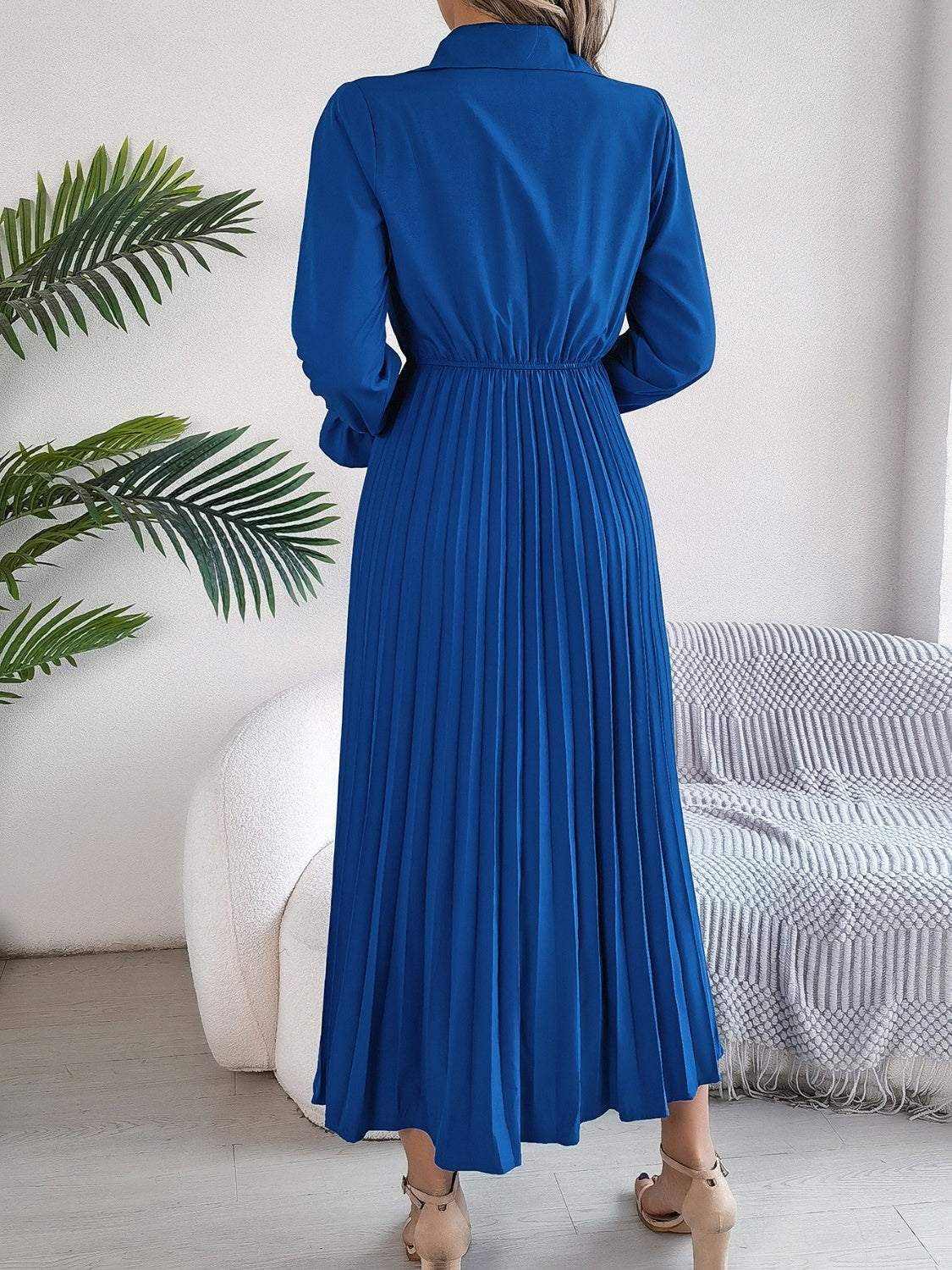 Stacey B's Pleated Half Button Long Sleeve Midi Dress