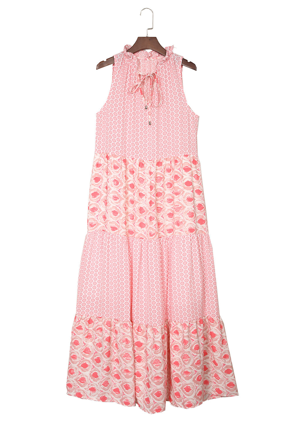 Stacey B's Pink Abstract Print Patchwork Sleeveless V Neck Tiered Dress