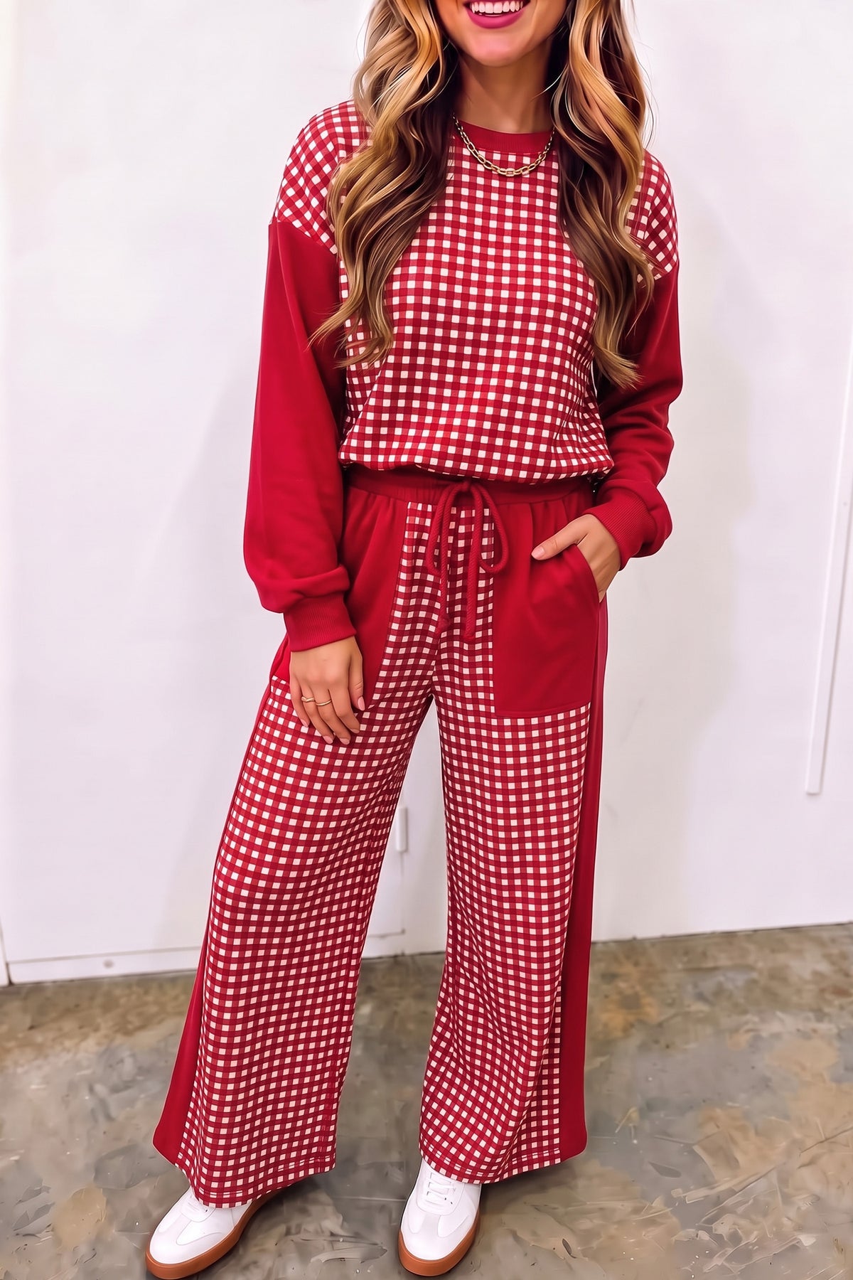 Stacey B's Brown Color Block Plaid Patchwork Long Sleeve Pullover Wide Leg Pant Set