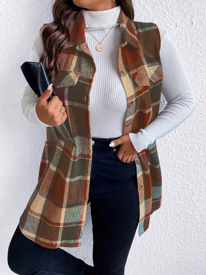 Stacey B's Honey Plus Size Pocketed Plaid Button Up Vest Coat
