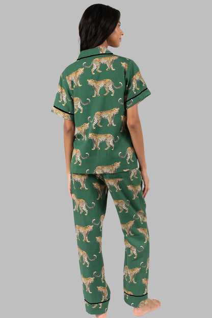 Stacey B's Green Cheetah Print Short Sleeve Shirt and Pants Pajama Set