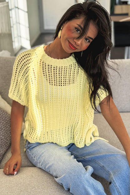 Stacey B's Pink Side Tie Hollow-out Crochet Knit Top