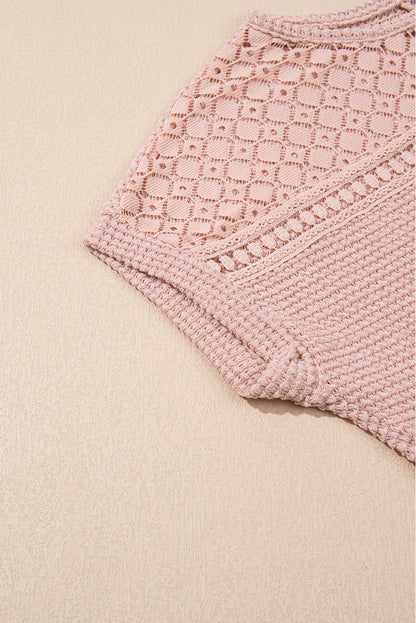 Stacey B's Light Pink Lace Patchwork Waffle Short Sleeve Top