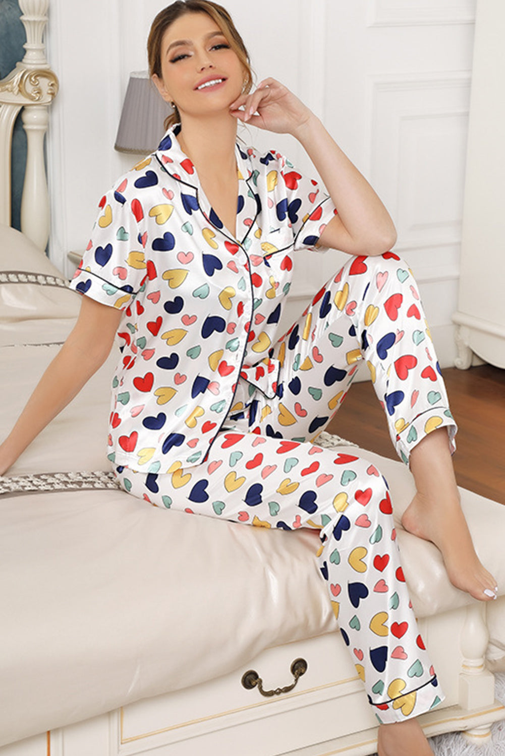 Stacey B's White Heart Graphic Lapel Collar T Shirt And Pant Pajama Set