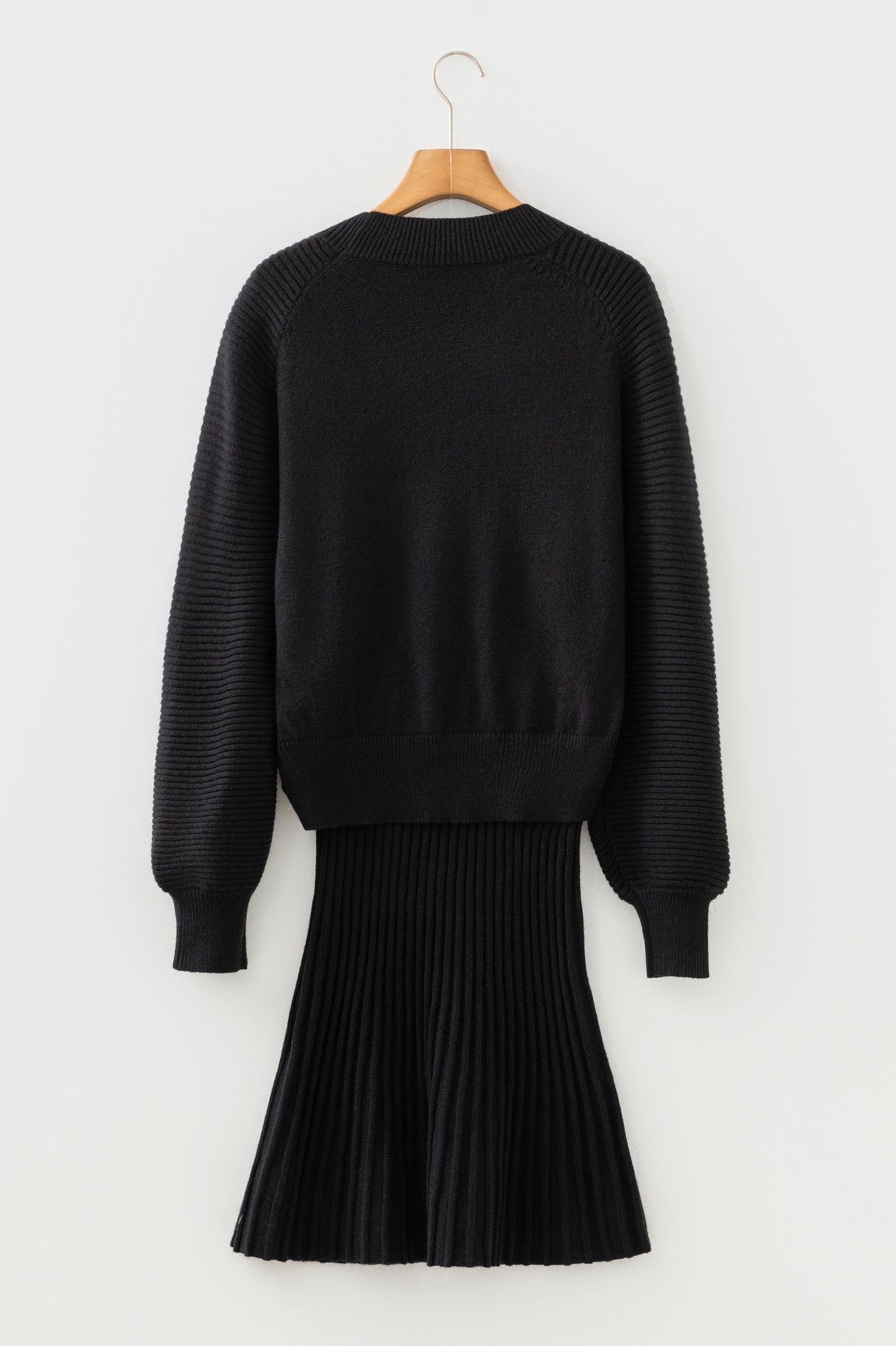 Stacey B's Black High Neck Puff Sleeve Sweater Pleated Mini Skirt 2pcs Knitted Outfit