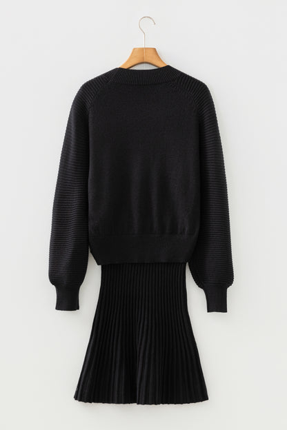 Stacey B's Black High Neck Puff Sleeve Sweater Pleated Mini Skirt 2pcs Knitted Outfit