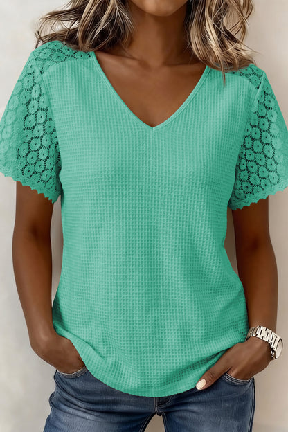 Stacey B's Pink Lace Splicing Button Cutout V Neck Waffle Knit Blouse