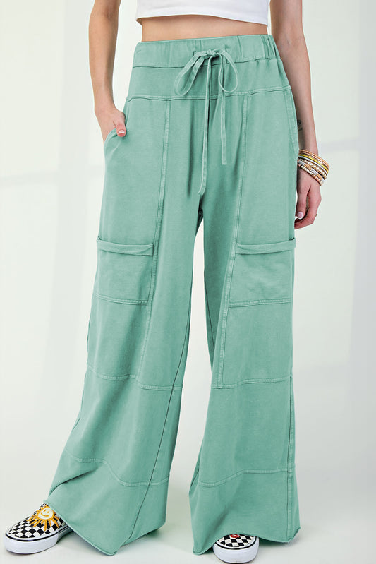 Stacey B's Mint Green Mineral Wash Exposed Seam Drawstring High Waist Wide Leg Cargo Pants