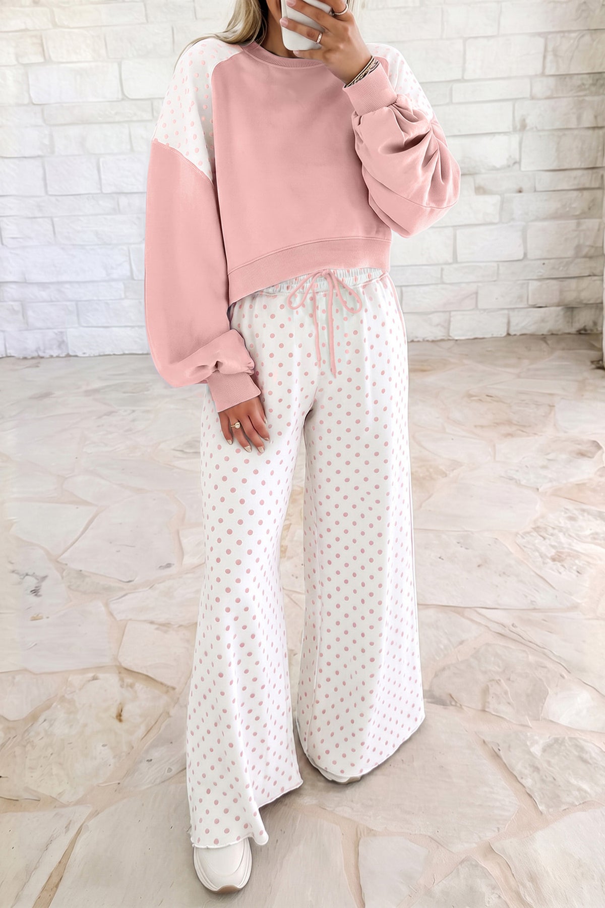 Stacey B's Green Polka Dot Patchwork Colorblock Long Sleeve Casual Two Piece Pants Set