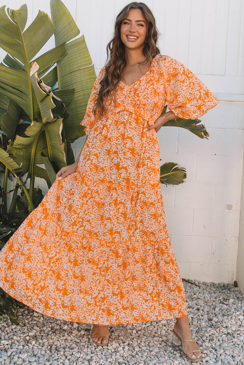 Stacey B's Orange Floral Print Smocked V Neck Wide Sleeve Maxi Dress