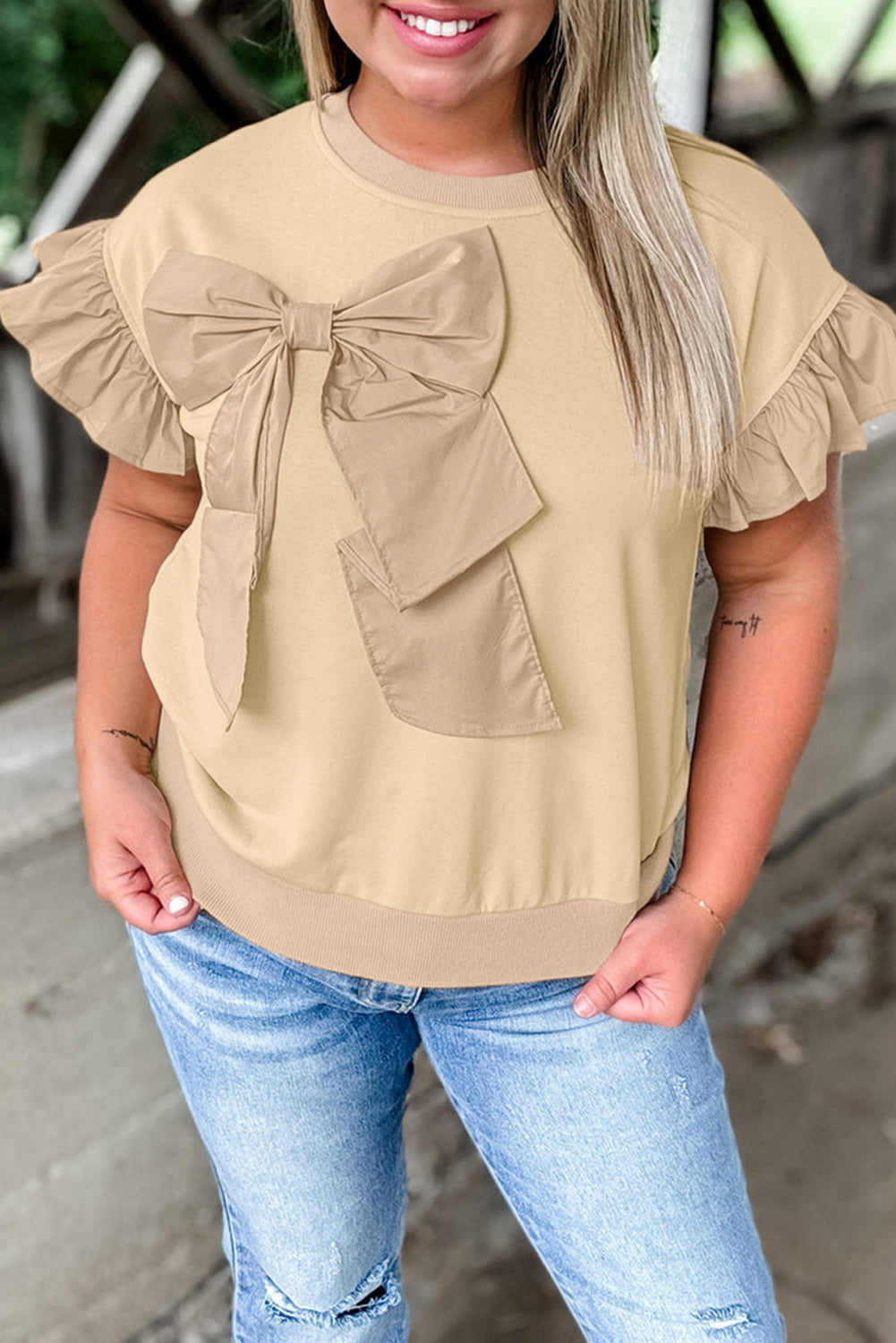 Stacey B's  Parchment Ruffled Short Sleeve Bowknot Applique Crew Neck Plus Size Top