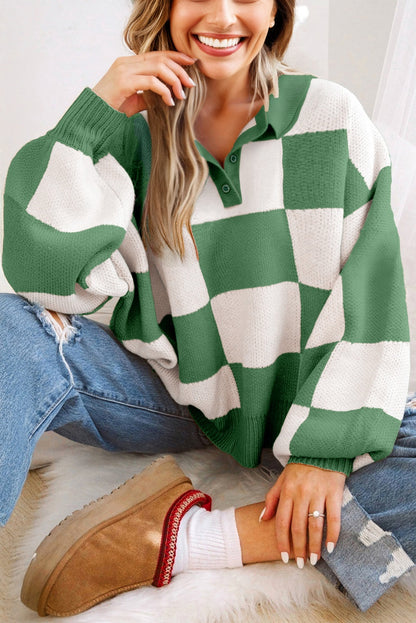 Stacey B's Mist Green Checkered Pattern Polo Collar Loose Sweater