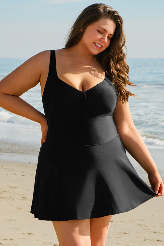 Stacey B's Black Plus Size Solid Pleated Ruffled One Piece Swim Dress