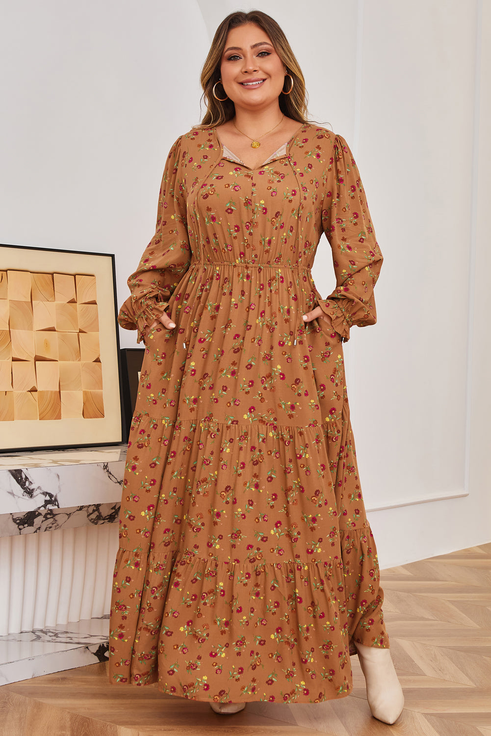 Stacey B's Brown Plus Size Floral Split V Neck Ruffled Sleeve Tiered Maxi Dress